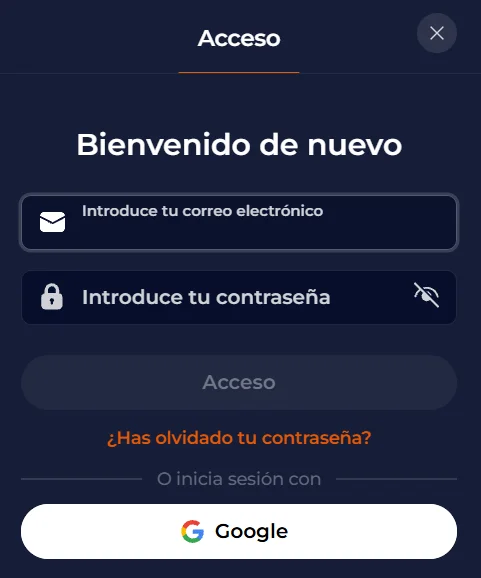 Nine Casino formulario de acceso con correo electrónico, contraseña e inicio de sesión mediante Google