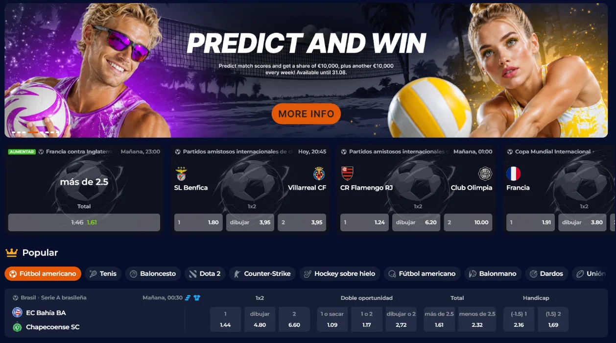 Nine Casino sección de apuestas deportivas con partidos destacados, cuotas, mercados y promoción Predict and Win