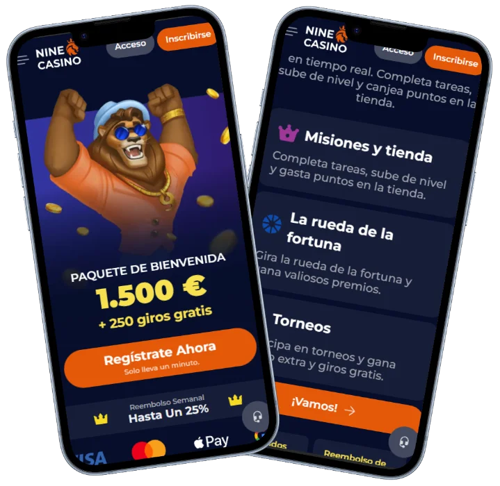 Nine Casino versión móvil con paquete de bienvenida, giros gratis, misiones, torneos y rueda de la fortuna